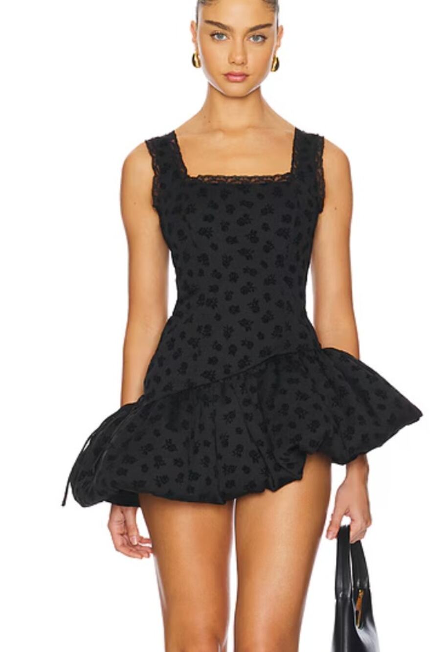 For Love & Lemons Claira Asymmetric Mini Dress Bubble Hem Black Size Small NWT
